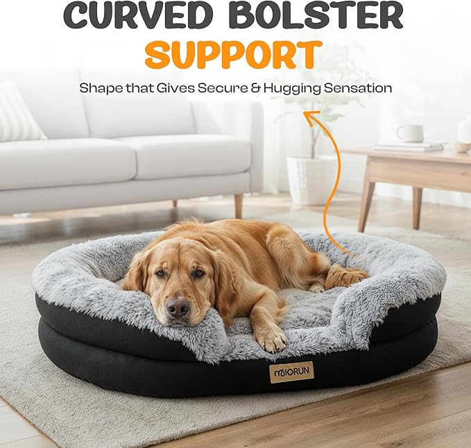 Fluffy Orthopedic Dog Bed for Large & Extra Large Dogs, Calming Plush Sofa Bed with Curved Bolster Support and Egg-Crate Foam Base, 43" Cozy Oval Pet Donut Bed with Washable Cover, Gray