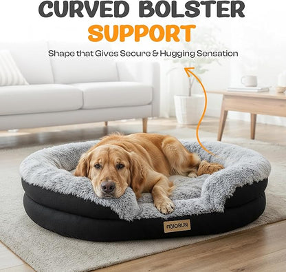 Fluffy Orthopedic Dog Bed for Large & Extra Large Dogs, Calming Plush Sofa Bed with Curved Bolster Support and Egg-Crate Foam Base, 43" Cozy Oval Pet Donut Bed with Washable Cover, Gray