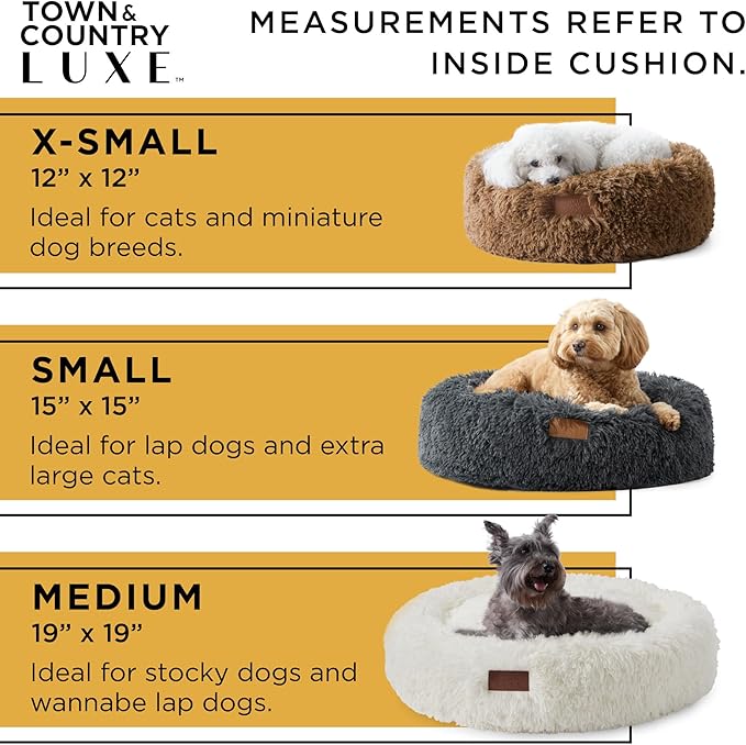 Town & Country Luxe CuddleTown Fuzzy Solid Donut Pet Bed, Soft, Cozy & Calming, Non-Slip Bottom, 100% Machine Washable, Cream, XS 19"x19"x7" Round