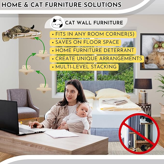 Large Cat Wall Shelves w/Pillow + 3 Steps for Large Size Cats, Orthopedic Design with Premium Hardwood, Modern and Durable Shelves for Climbing, Cat Shelf Wall Steps Tree Perch