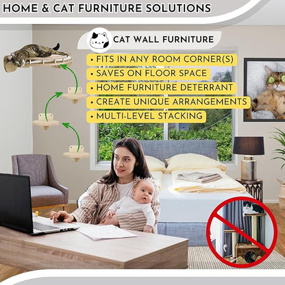 Large Cat Wall Shelves w/Pillow + 3 Steps for Large Size Cats, Orthopedic Design with Premium Hardwood, Modern and Durable Shelves for Climbing, Cat Shelf Wall Steps Tree Perch