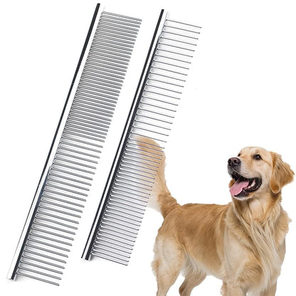 Dog Comb to Remove Tangles and Knots, Cat Comb with Stainless Steel Teeth and Non-Slip Handle, Dog combs for grooming matting for Long Haired Pets (Large & Small)