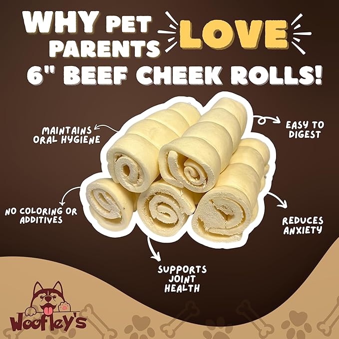 Woofley's 5-6" Buffalo Beef Cheek Roll -(10 Count)- Beef Cheek Rolls for Dogs - Long Lasting Natural Dog Chews
