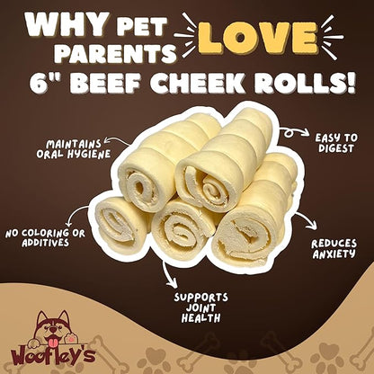 Woofley's 5-6" Buffalo Beef Cheek Roll -(10 Count)- Beef Cheek Rolls for Dogs - Long Lasting Natural Dog Chews