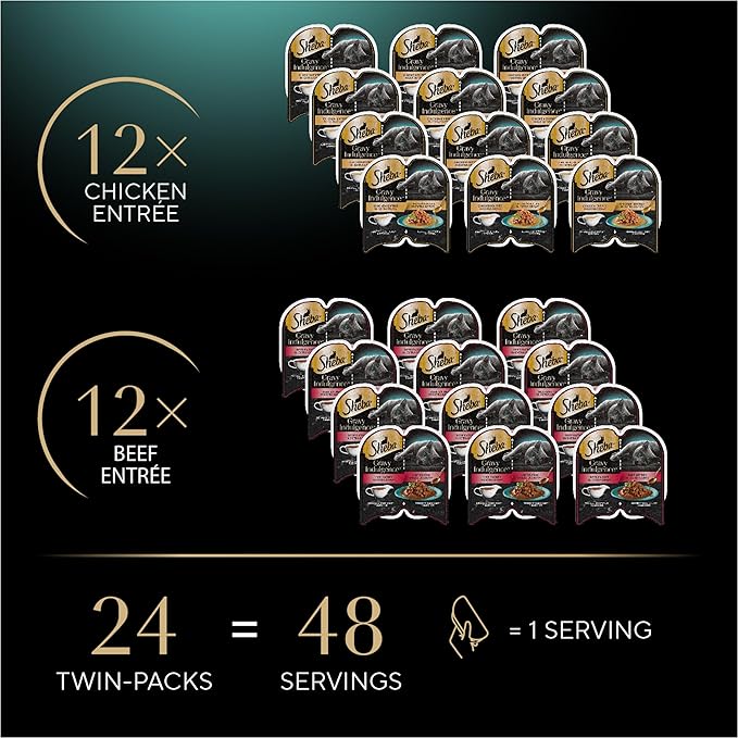 Sheba Gravy Indulgence Adult Wet Cat Food Beef and Chicken Entree in Extra Gravy Variety Pack, 2.6 oz. Twin-Pack Trays (12 Count, 24 Servings) (Pack of 2)
