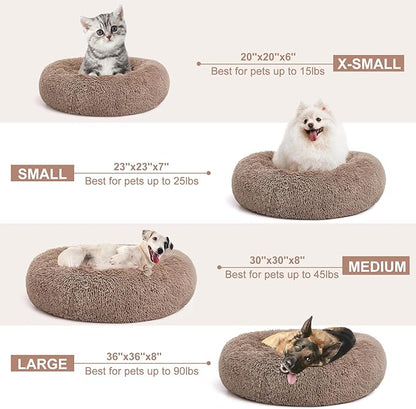 MIXJOY Calming Cat Beds for Indoor Cats, 20'' Kitten Donut Beds for Pet Up to 15lbs, Fluffy Small Cat Cuddler, Anti-Anxiety Plush Faux Fur Large Pet Bed Washable (20'', Brown)