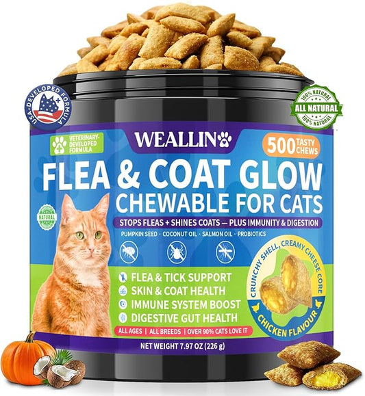 Flea and Tick Prevention for Cats - Cat Flea Treatment with Skin & Coat Support, 500 Crunchy & Creamy Chews, Oral Natural Flea Chewables for Gut & Immunity Support for All Breeds & Ages Chicken Flavor