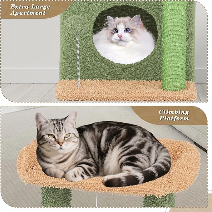 Athena Collection Small Cat Tree Tower with Scratching Post, 33.5 Inch Modern Cute Cat Tree Condo with Cozy Perch Hammock Hanging Ball for Kittens Indoor, Cactus Shade, Light Green