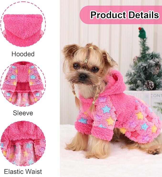 Yikeyo Dog Sweater Dress for Small Dogs Girl Boy, Cute Warm Fleece Dog Hooded Sweaters, Soft Puppy Clothes,Extra Warm Fall Winter Pet Clothes Birthday Dresses Holiday Outfits(Rose Pink,XS)