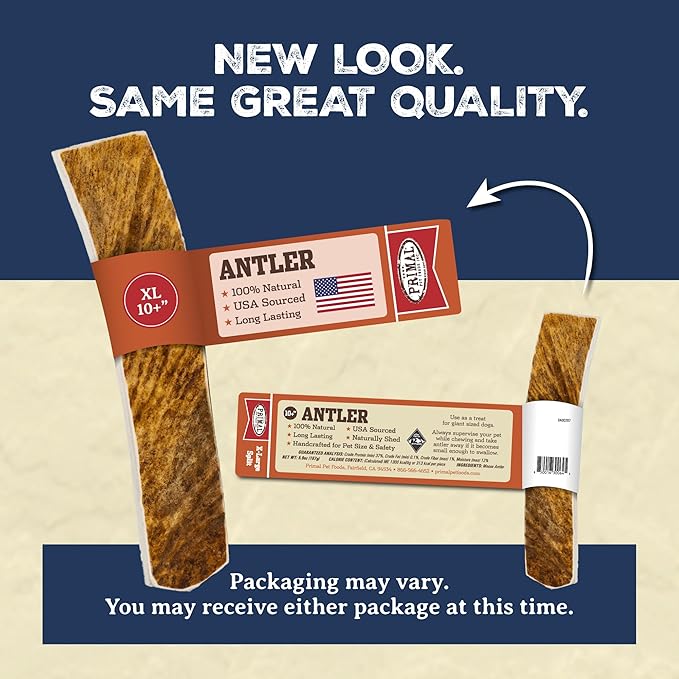 Primal Antlers for Dogs, Grade A Split Elk Antlers for Large Canines 45-60 lb, Natural Chews for Aggressive Chewers, Naturally Shed, Long Lasting Dog Bones, 1 ct