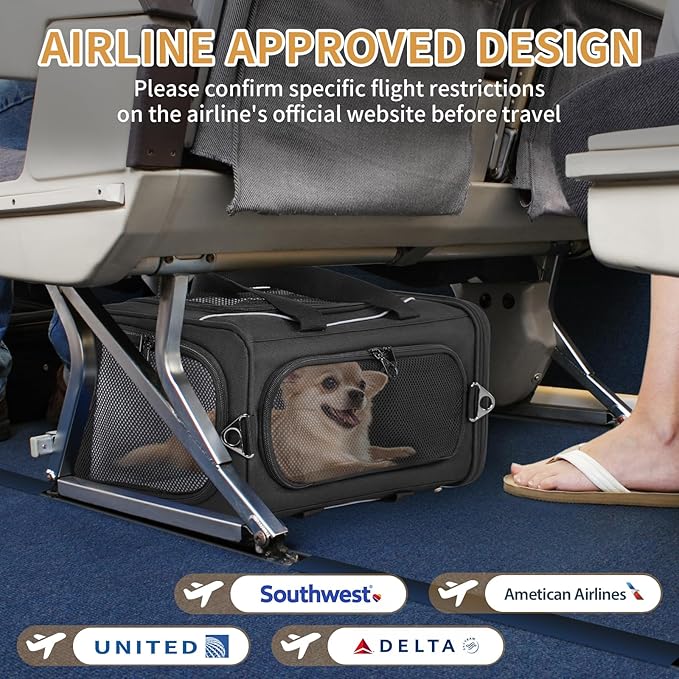 ‌Petsfit Airline Approved Pet Carrier for Small Dogs & Cats, 18x8x11 TSA Approved Carrier, with Removable Dual-Sided Padding (2-Way Placement) - Fits Under Most Airplane Seats, Escape Proof (Black)