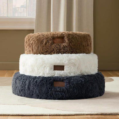 Town & Country Luxe CuddleTown Fuzzy Solid Donut Pet Bed, Soft, Cozy & Calming, Non-Slip Bottom, 100% Machine Washable, Cream, Small 24"x24"x7" Round