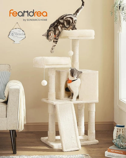 Feandrea Cat Tower, 45.3-Inch Cat Condo with Scratching Post, Ramp, Perch, Spacious Cat Cave, for Kittens, Elderly Cats, Adult Cats, Small Space, Beige UPCT141M01