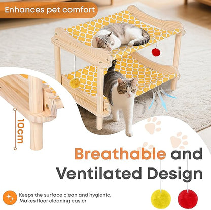 2-Layer Cat Hammock Bed, 24"x15.7"x16.3" Elevated Cat Bed with Pine Wood Frame, Breathable Washable Covers, Wooden Pet Furniture for Indoor Cats and Small Animals(Orange-2)