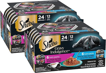 Sheba Gravy Indulgence Adult Wet Cat Food Salmon Entree in Extra Gravy and White Fish Entree Variety Pack, 2.6 oz. Twin-Pack Trays, (12 Count, 24 Servings) (Pack of 2)