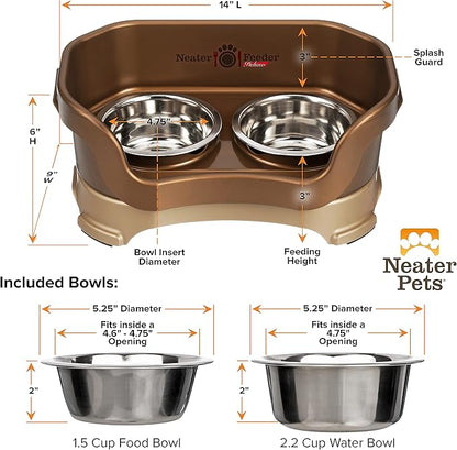 Neater Pet Brands Neater Feeder Deluxe Mess Proof Dog Bowls Elevated for Small Dogs Under 19 lbs, Made in USA, No Spill Raised Dog Food Bowl Stand Feeding Station, Food and Water Bowl Set, Bronze