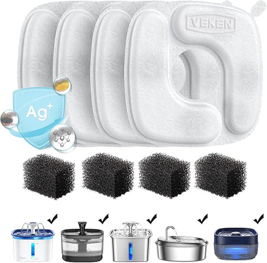 Veken Cat Water Fountain Filters, 4 Pack Replacement Filters & 4 Pack Replacement Pre-Filter Sponges Set for 50oz, 84oz, 95oz or 108oz Automatic Pet Fountain Dog Water Dispenser