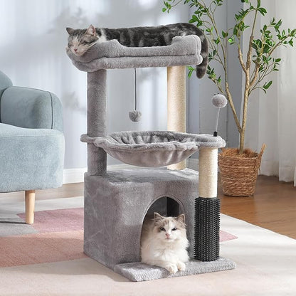 Cat Tree 32 Inches Small Cat Tower with Large Hammock Dia 15.7”,Self Groomer, Fully Scratching Post, Removable Top Bed and Wide Hideway Condo for Indoor Cats-Gray