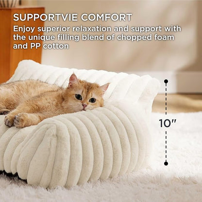 Bedsure Cute Cat Couch for Pets - Fluffy Dog Bed Small Medium Size Dog with Premium Soft Corduroy Fleece, Pet Sofa with Removable Washable Cover, Supportive Couch Bed for Small Dogs, 30inch, Cream