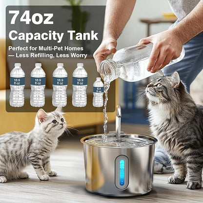 HAJXM Cat Water Fountain, 74oz/2.2L Cat Fountain for Drinking - Pet Water Fountain Stainless Steel for Cats Inside - Quiet Water Bowl Dispenser - Kitty Drinking Fountains - 4 Filters + 4 Sponges