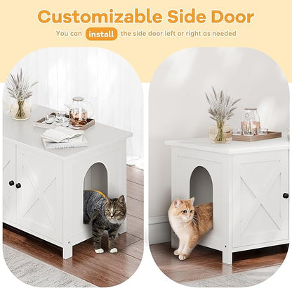 Shintenchi Cat Littler Box Enclosure, Litter Box Furniture Hidden with Removable Divider, Cat House with End Table, White