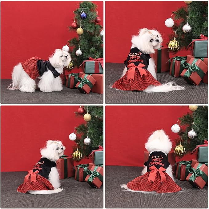 CuteBone Christmas Dog Dresses Velvet Holiday Small Dogs Clothes Onesie Pet Apparel Girl Puppy Skirt with Bow Hair Rope CVA59M-D