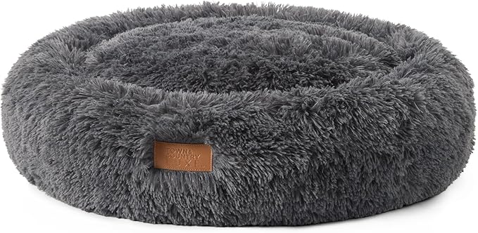 Town & Country Luxe CuddleTown Fuzzy Solid Donut Pet Bed, Soft, Cozy & Calming, Water Repellent, Non-Slip Bottom, 100% Machine Washable, Dark Grey, Medium 28"x28"x7" Round