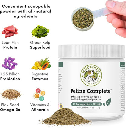 Wholistic Pet Organics Feline Complete - 4 Oz - Multivitamin & Probiotic Powder for Cats - Natural Cat Food & Digestive Support
