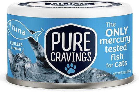 Pure Cravings Wet Cat Food Canned Tuna Cutlets in Gravy, 100% Mercury-Tested, Moist Can Fish for Cats, Grain-Free, Protein, Non-GMO, Pack of 12
