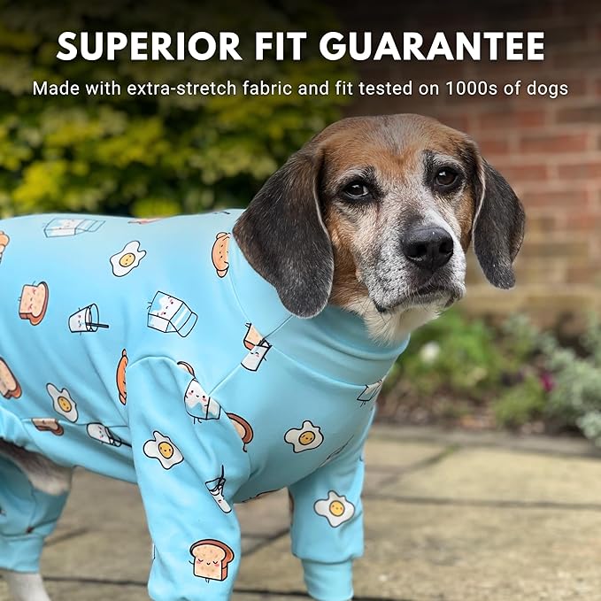 Spark Paws Dog Pajama, Dog Recovery Suit Male, Onesie, Ultra-Soft and 4-Way Stretch, for Small Medium and Large Breeds - Breakfast Blue - 3XL