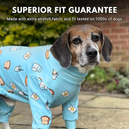 Spark Paws Dog Pajama, Dog Recovery Suit Male, Onesie, Ultra-Soft and 4-Way Stretch, for Small Medium and Large Breeds - Breakfast Blue - XL