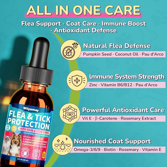 Flea Defense + Skin & Coat Support, Natural Flea and Tick Prevention for Dogs & Cats, Dog & Cat Flea Treatment with Pumpkin Seed & Omega-3/6/9, Flea Drops for All Breeds & Ages, Chicken Flavor