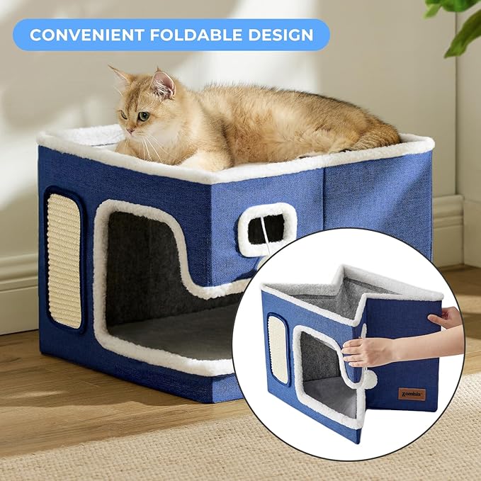 ZOMISIA Cat Beds for Indoor Cats - Large Cat House for Pet with Fluffy Ball Hanging and Scratch Pad, Foldable Cat Hideaway,16.5x16.5x13 inches, Grey