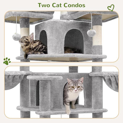 Globlazer Big Cat Tower for Indoor Cats, 80inch Cat Tower for Multiple Adult Cats XXL Cat Tree with Scratching Post, Hammock, 3 Perches, 2 Condos, 2 Hanging Basket, F80, Light Grey
