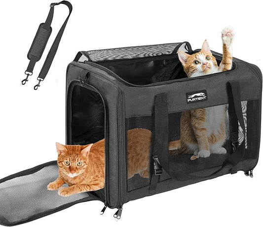 Pet Carrier for Large Cats 25 lbs, Mesh Pets Travel Carriers for Puppy Two Small Cats Rabbits with Shoulder Strap & Removable Mat, Portable Collapsible Puppy Crate Indoor and Outdoor, Black