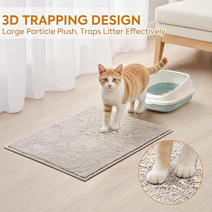 Pieviev Chenille Cat Litter Mat for Litter Box, 36"x30" Soft Ultra Absorbent Mat, Waterproof & Non-Slip, Easy to Clean Litter Trapping Mat for Indoor Cats, Grey
