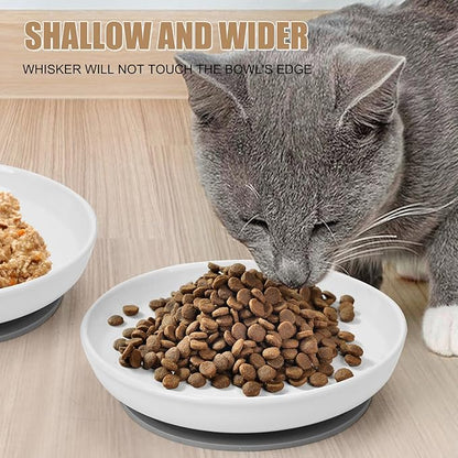 Shallow Elevated Cat Bowls with Bamboo Stand, 5.9 Inch Wide Ceramic Cat Dish Whisker Friendly,Pet Food and Water Plates
