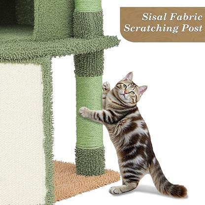 Athena Collection Small Cat Tree Tower with Scratching Post, 42 Inch Modern Cute Cat Tree Condo with Cozy Perch Basket Hanging Ball Climbing Ramp for Kittens Indoor Climbing, Light Green