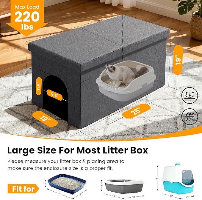 3-in-1 Cat Litter Box Enclosure with Odor Control, Multi-Functional Hidden Litter Box Furniture Bench, Dog Proof, Space-Saving Ottoman Cabinet with Flip-Up Lid, Storage Footrest, Dark Grey