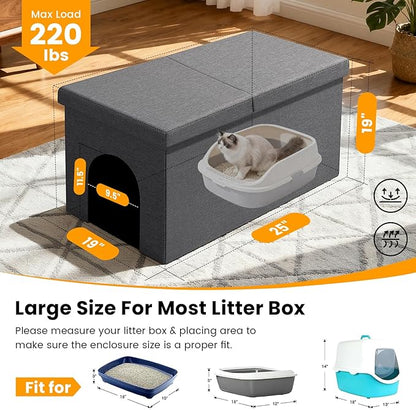 3-in-1 Cat Litter Box Enclosure with Odor Control, Multi-Functional Hidden Litter Box Furniture Bench, Dog Proof, Space-Saving Ottoman Cabinet with Flip-Up Lid, Storage Footrest, Dark Grey