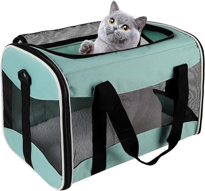 Cat Carrying Case Pet Dog Carrier Soft-Sided Cat Bag Airline Approved, Pet Travel Carrier Up to 15 Lbs, Collapsible Cats Carrier Dog Carrier for Medium Small Cats Dogs(17x11x11 Green)
