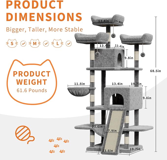 68.5 Inch Tall Cat Tree Tower, Heavy Duty Multi-Level Cat Tower with Scratching Posts, Condo, Plush Perches, Hammocks, Basket & Dangling Balls, Cat Furniture for Indoor Cats