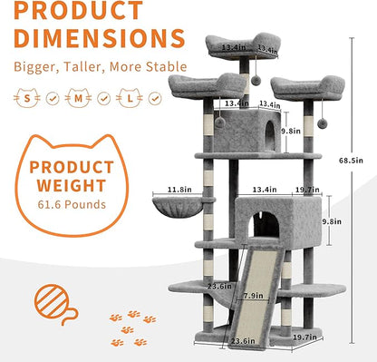 68.5 Inch Tall Cat Tree Tower, Heavy Duty Multi-Level Cat Tower with Scratching Posts, Condo, Plush Perches, Hammocks, Basket & Dangling Balls, Cat Furniture for Indoor Cats