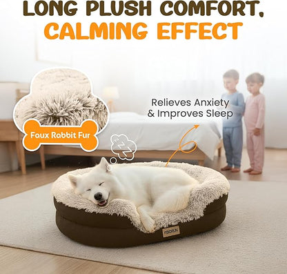 Fluffy Orthopedic Dog Bed for Medium & Large Dogs, Calming Plush Sofa Bed with Curved Bolster Support and Egg-Crate Foam Base, 43" Cozy Oval Pet Donut Bed with Washable Cover, Coffee