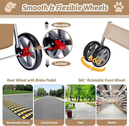 Pet Stroller, 4 Wheels Pet Strolling Cart for Medium/Small Dogs and Cats, Foldable Cat Jogger/Dog Stroller with Cup Holder, Storage Basket, Breathable Mesh, All-Season Pet Carrier, Khaki