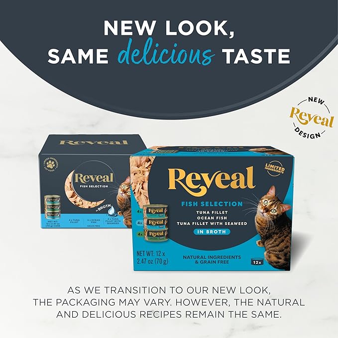 Reveal Natural Wet Canned Cat Food, Limited Ingredient, Grain-Free, High Protein with No Artificial Additives, Fish Variety in Broth (12 x 2.47 oz Cans)