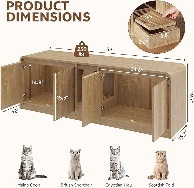 Cat Litter Box Enclosure with Litter Collector, 59'' Double Litter Box Enclosure for 2 Cats, Hidden Litter Box Furniture for Indoor Cats Large Adult, Cat House, Side Table, TV Stand, Natural