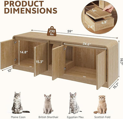 Cat Litter Box Enclosure with Litter Collector, 59'' Double Litter Box Enclosure for 2 Cats, Hidden Litter Box Furniture for Indoor Cats Large Adult, Cat House, Side Table, TV Stand, Natural