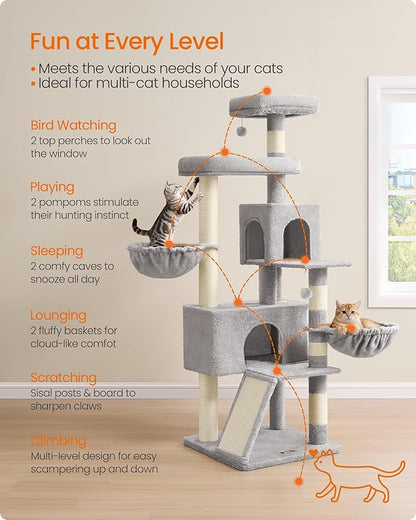 Feandrea Large Cat Tree Tower, 68.5-Inch Tall Cat Condo with Large Perch, Scratching Posts, Double Caves, Dove Gray UPCT006G01