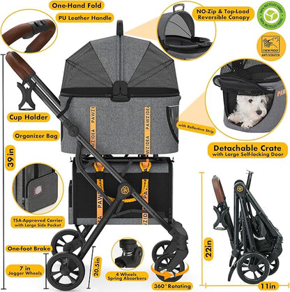 PAWZIDEA Double Pet Stroller with 2 Detachable Carriers, Portable Dog Crate for Car Travel & TSA-Approved Expandable Cat Carrier, Foldable Lightweight Jogger Stroller for 2–4 Cats or Small/Medium Dogs